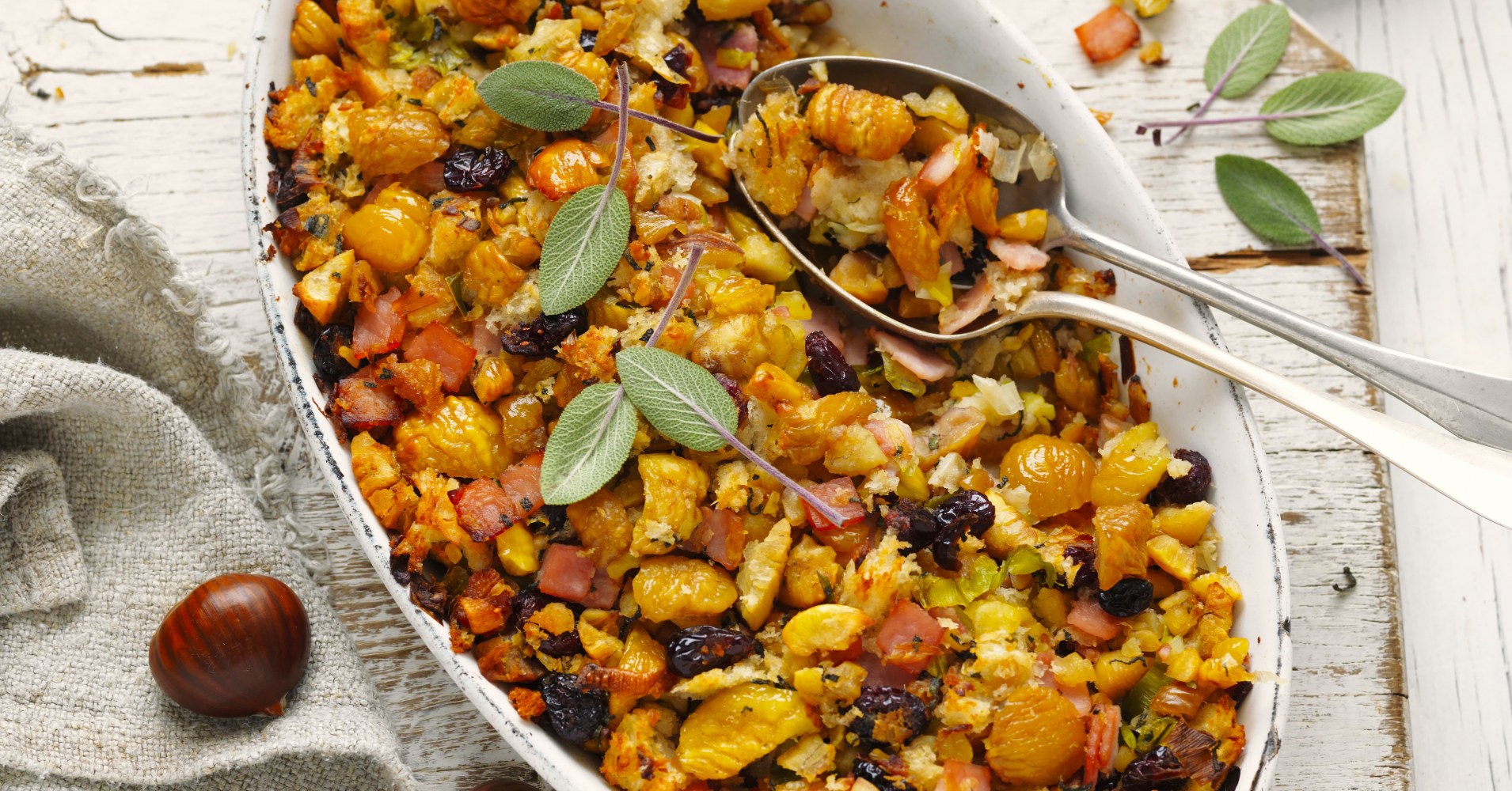 Chestnut, cranberry and bacon stuffing Recipe | myfoodbook | Chestnut stuffing tray bake